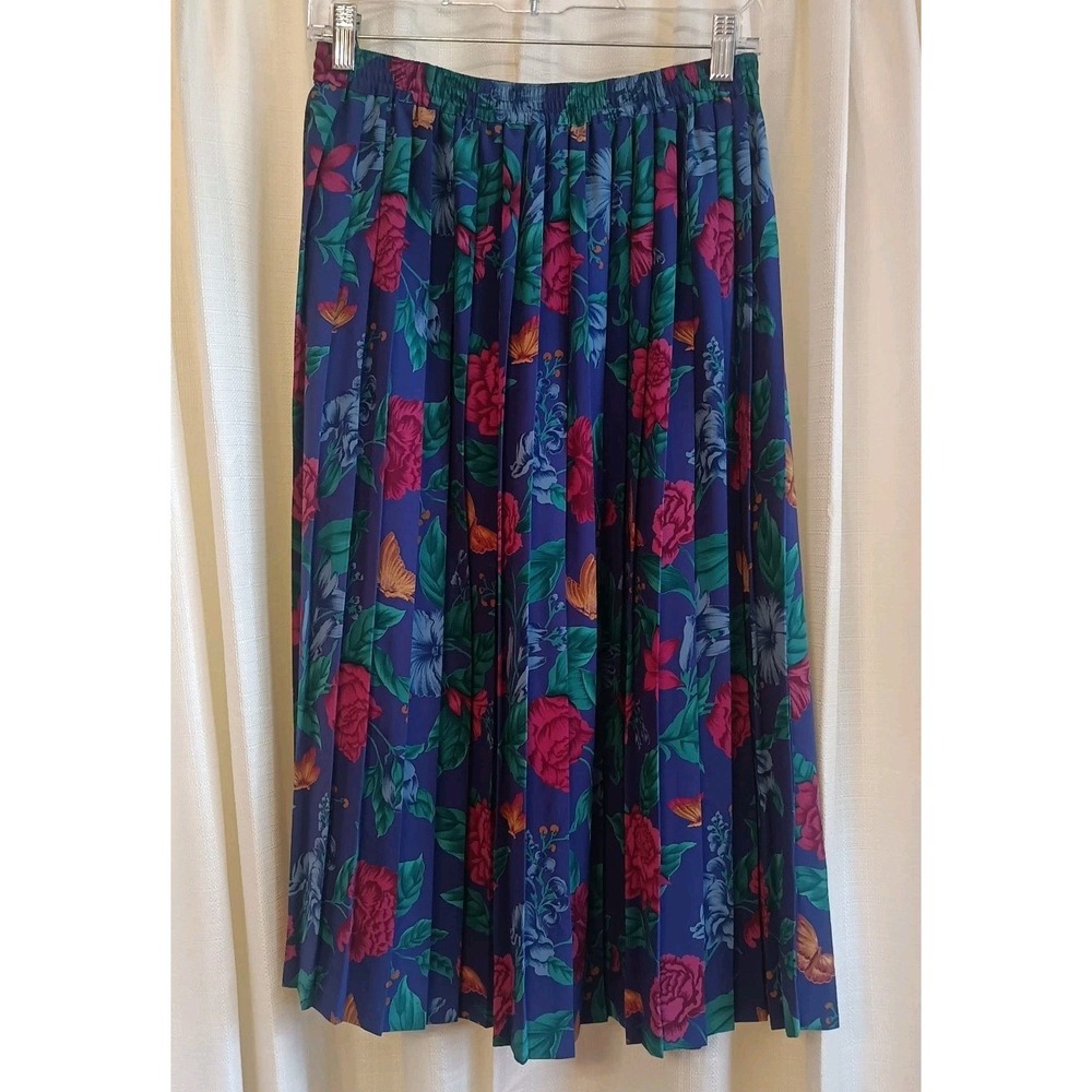 Vtg Alfred Dunner Blue/Floral/Butterfly Retro Pleated Midi Elastic‎ Size 12